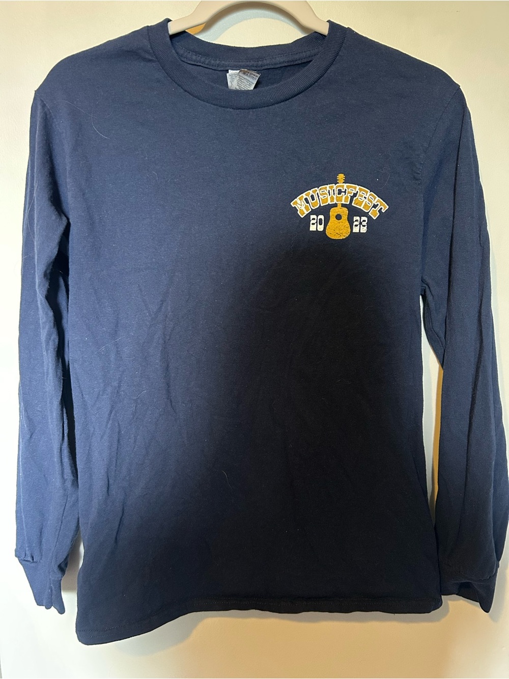 Gildan Navy Long Sleeve Tee with Yellow Musicfest Guitar Logo